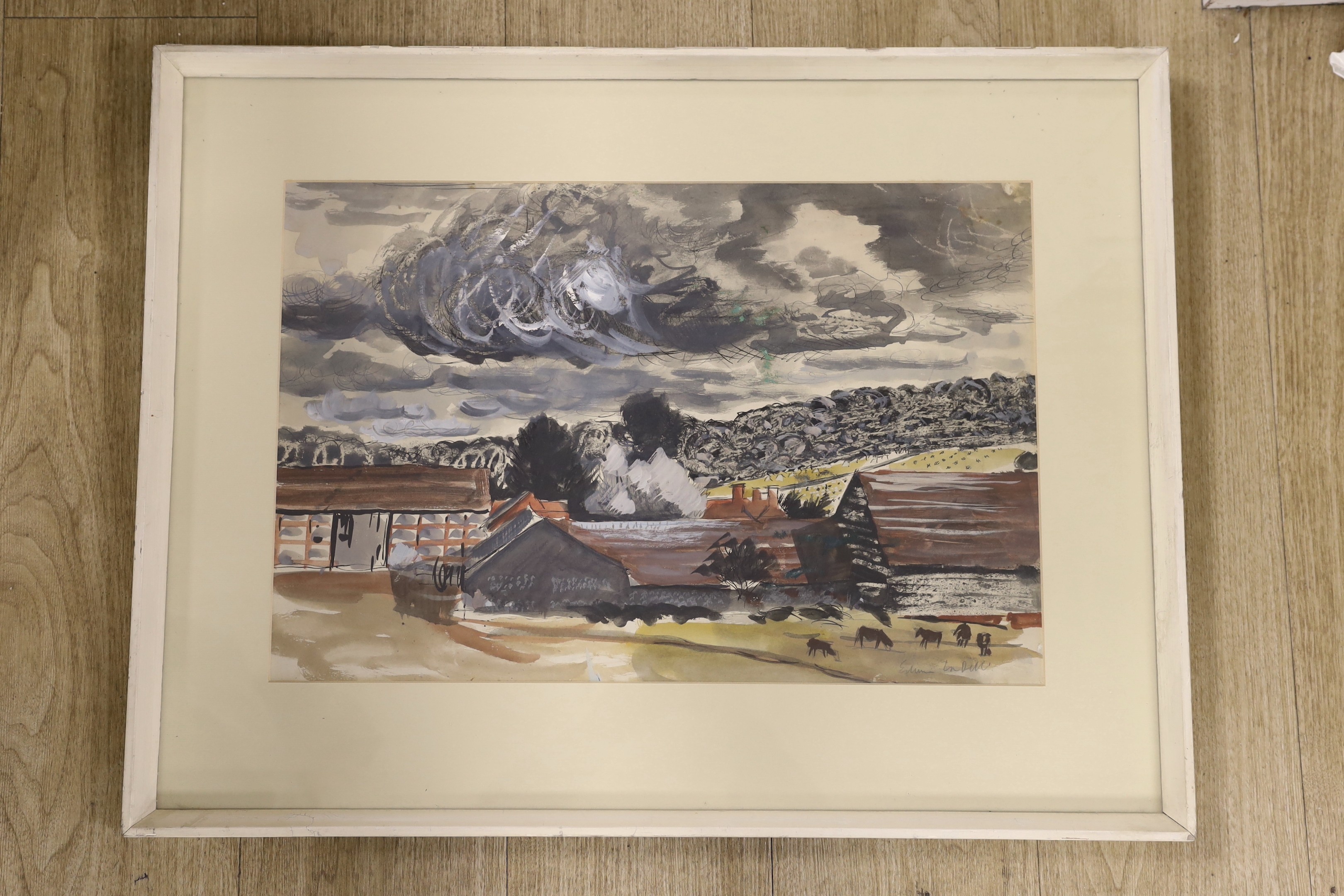 Edwin LaDell (1919-1970), ink and watercolour, 'Stonor Park', signed with Exhibition labels verso, 35 x 52cm